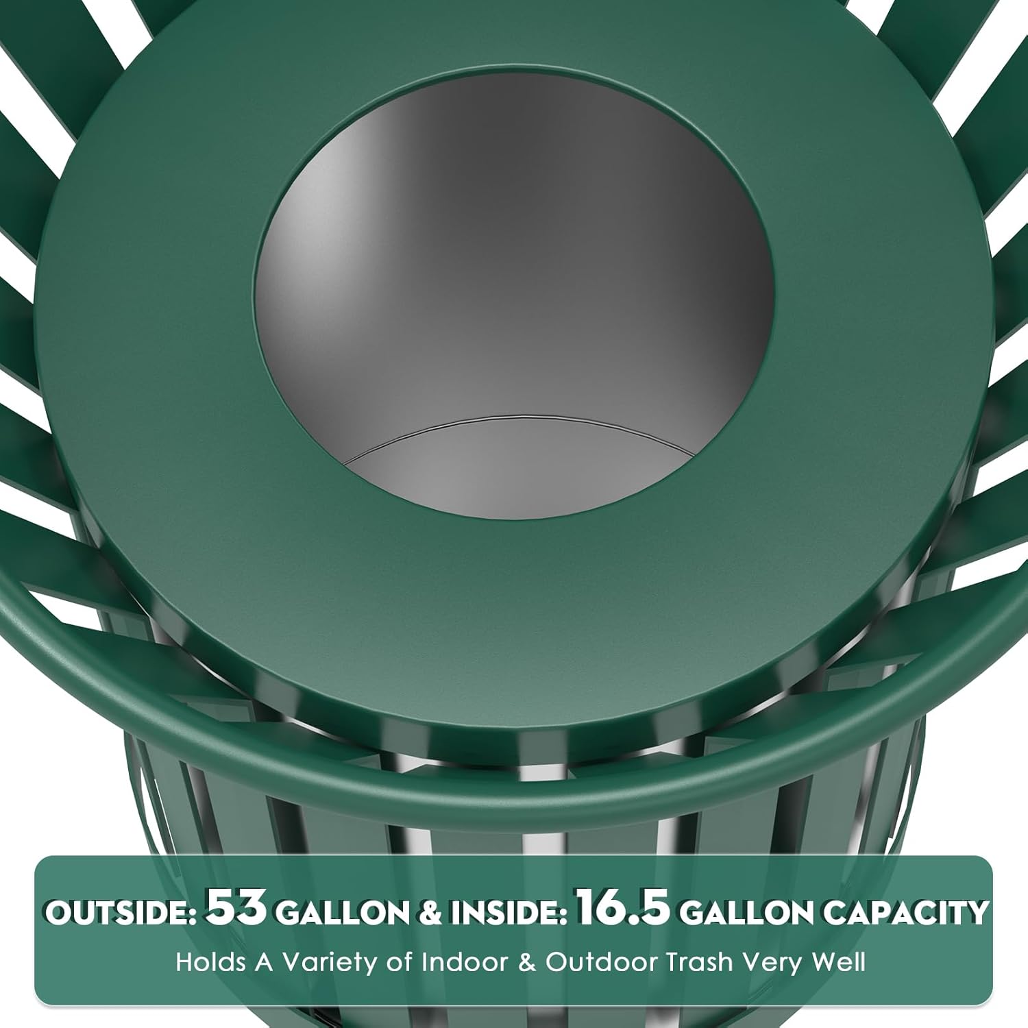 16 Gallon Round Large Outdoor Trash Can, Heavy Duty Metal Slatted Garbage Can Outdoor, All Weather Resistant Commercial Garbage Cans, Waste Receptacle in Park, School, Beach, Patio (Green, Large)
