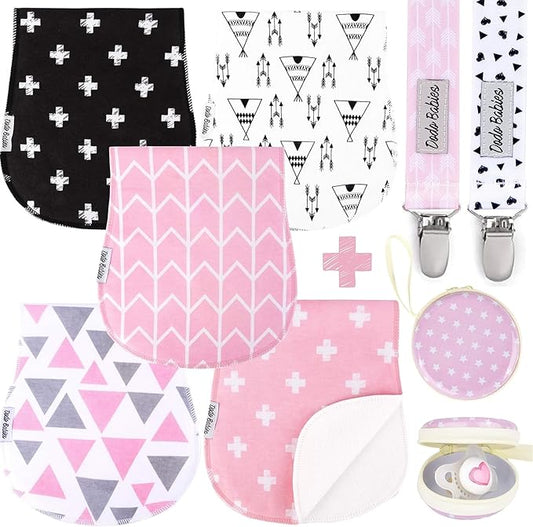Dodo Babies 5-Pack Baby Burp Cloths - Soft & Absorbent Cotton Burp Cloths are Newborn Essentials Must Haves - Includes Pacifier Case and 2 Pacifier Clips - Colors: Pink, Grey, and Black