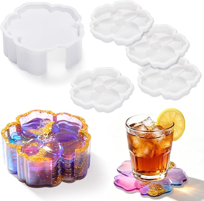 HeyClear 5Pcs Coaster Silicone Resin Molds, Flower Coaster Epoxy Resin Molds by HeyClearResin