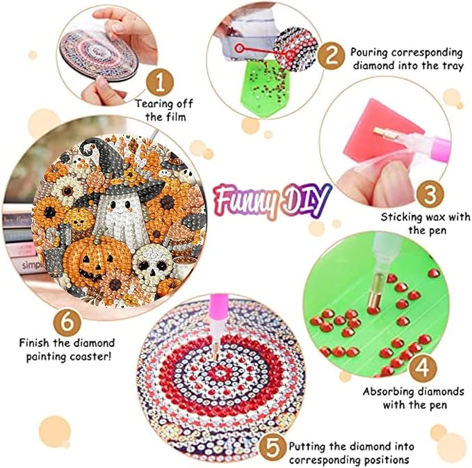 8 Pack Halloween Diamond Art Coasters, Ghost Diamond Painting Coasters Kits | - Image 3