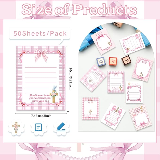 Pink Bow Sticky Notes Gifts, 9 Pack Pink Bow Christian Natepads 3x4 Inch - Image 2