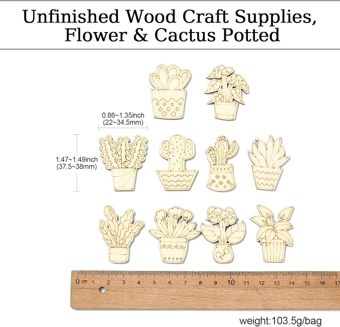 100 pcs Mixed Styles Cactus Potted Theme Unfinished Wood Cutout Charms Tropical - Image 2