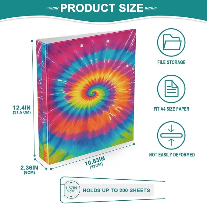 Tie Dye Round Ring Binders 1.5 Inch Rainbow 3 Ring Clipboard Binder - Image 4