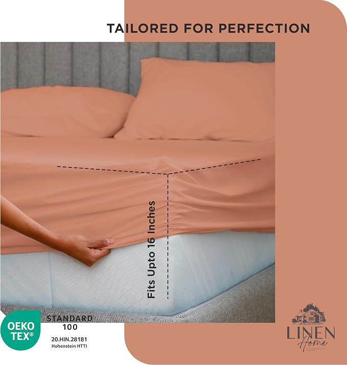 Linen Home 100% Cotton Percale Weave Fitted Sheet, Queen Size, Tera Clay - Image 3