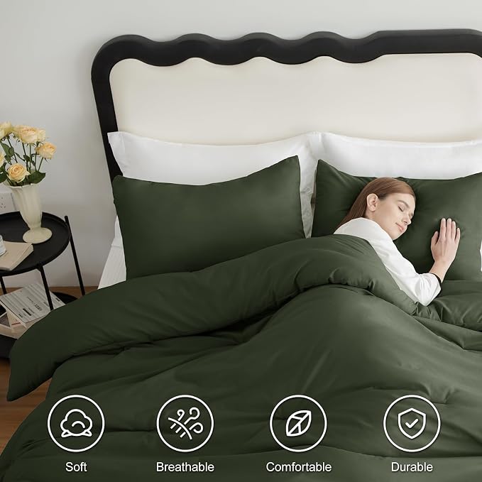 CozyLux Full Size Comforter Set Dark Green, 3 Pieces Solid Breathable Quilted - Image 5