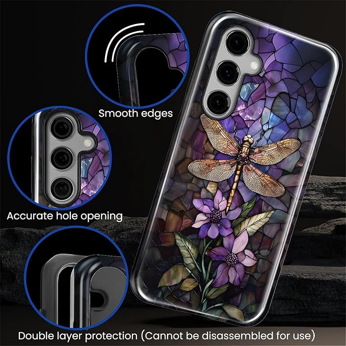 for Samsung Galaxy S25 Case, Stained Glass Dragonfly Pattern Glossy 2 in 1 - Image 5