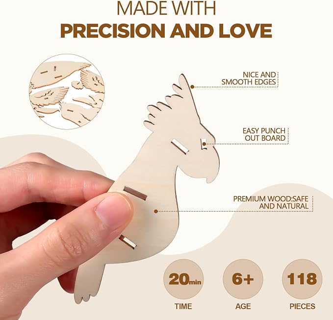 ELX 3D Wooden Animal Puzzles for Kids 6+, 4 Piece Set Animal Models, Wood - Image 5