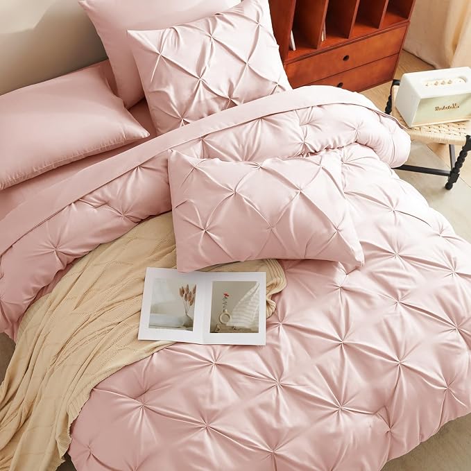 CozyLux Queen Comforter Set Blush Pink, 7 Pieces Pintuck Bed in A Bag, Premium - Image 4