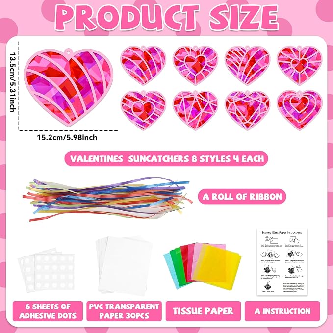 32 Sets Valentines Day Heart Suncatchers Craft Kit DIY Window Stained Glass - Image 2