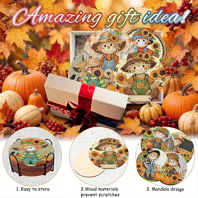 LWZAYS 8 Pcs 5D Autumn Scarecrow Diamond Art Coasters Kits - Image 6