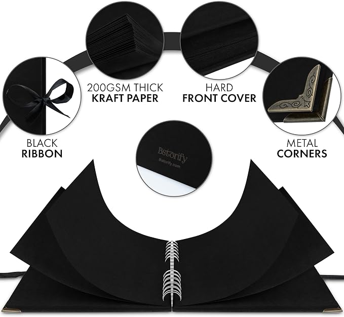 Bstorify Scrapbook Album 60 Pages Black Thick 250gsm Kraft Paper, Corner - Image 3