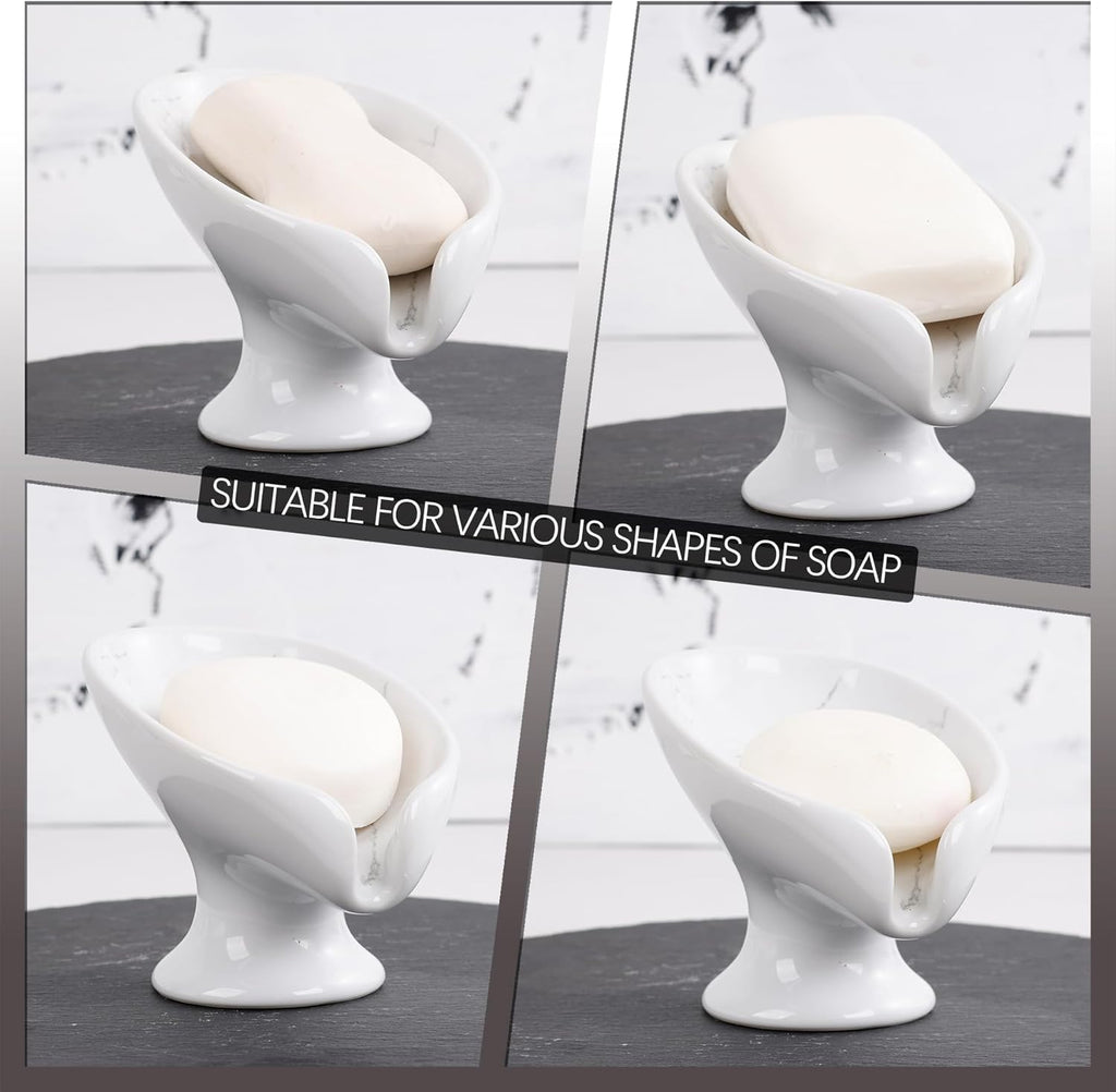 Soap Dish Set, Self Draining Bar Soap Holder for Bathroom Sink, Leaf Shaped Drainage Soap Dish Ceramic Marble Porcelain Decorative Soap Dishes 2PCS, No Suction Cup, ANTIS'S HOME