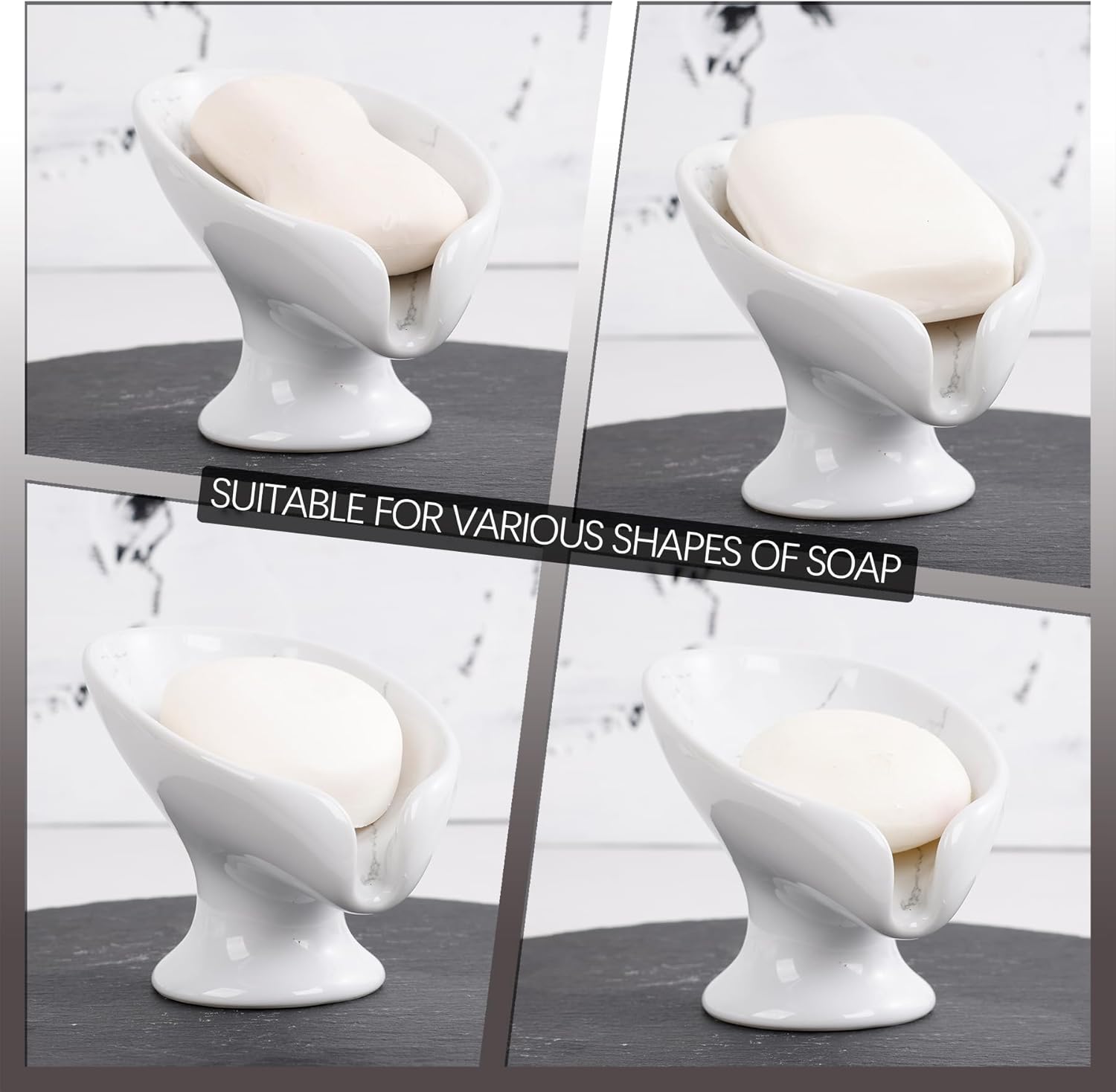 Soap Dish Set, Self Draining Bar Soap Holder for Bathroom Sink, Leaf Shaped Drainage Soap Dish Ceramic Marble Porcelain Decorative Soap Dishes 2PCS, No Suction Cup, ANTIS'S HOME