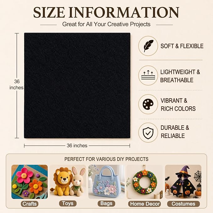 Black Large Felt Fabric 36" x 36", 1.4 mm Soft Felt Sheet, Nonwoven Fabric - Image 3