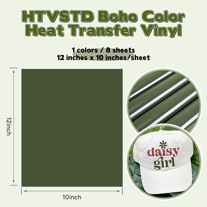 HTVSTD Army Green Boho HTV Heat Transfer Vinyl 8pcs 12×10in Iron on Vinyl | - Image 2