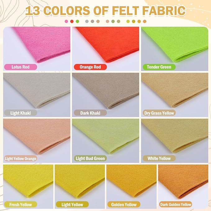 XSEINO 13 Rolls 8"x35" 1.4mm Thick Soft Felt Fabric Sheet 13 Assorted Yellow - Image 2