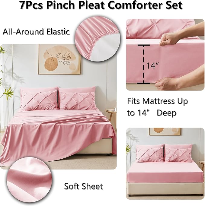HIMEET Pintuck Bed in a Bag, 7 Pieces Queen Size Comforter Set Pink, Luxury - Image 6