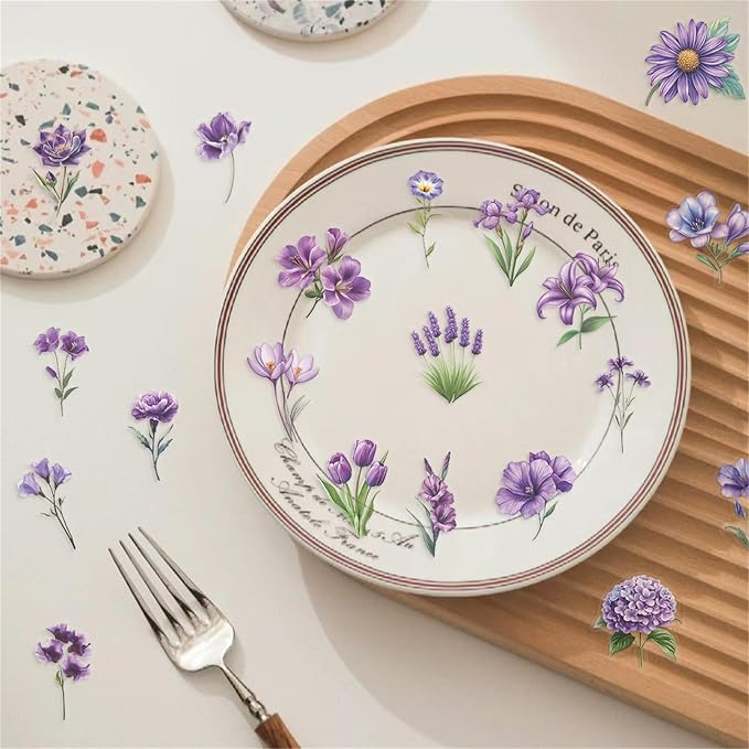 50 Pieces Purple Flower Themed Transparent Stickers - Image 5