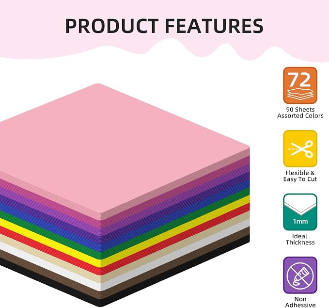 72 Pack Foam Sheets, 8x8IN 12 Color Foam Paper 1MM Foam Craft Sheets - Image 4