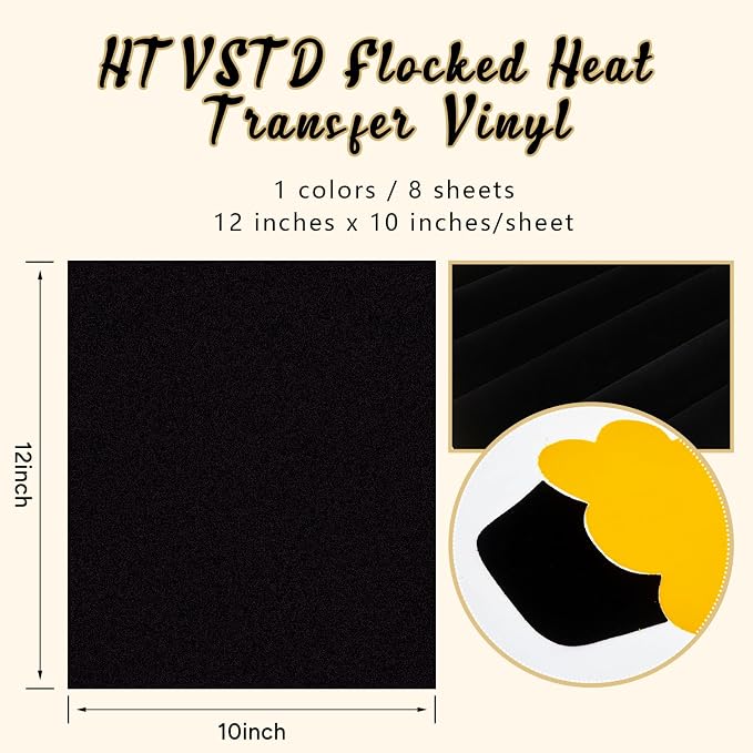 HTVSTD Black Flock HTV Heat Transfer Vinyl 8pcs 12×10in Iron on Vinyl | - Image 2