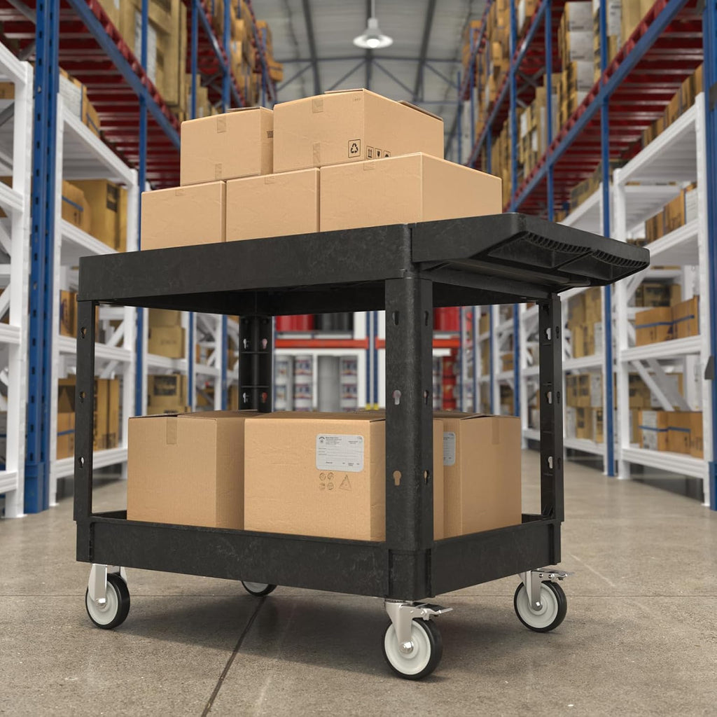 Heavy Duty Flat Top Utility Cart with Wheels 2-Tier Utility Plastic Service Work Cart for Shop, Garage, Warehouse, Maintenance 550 lbs