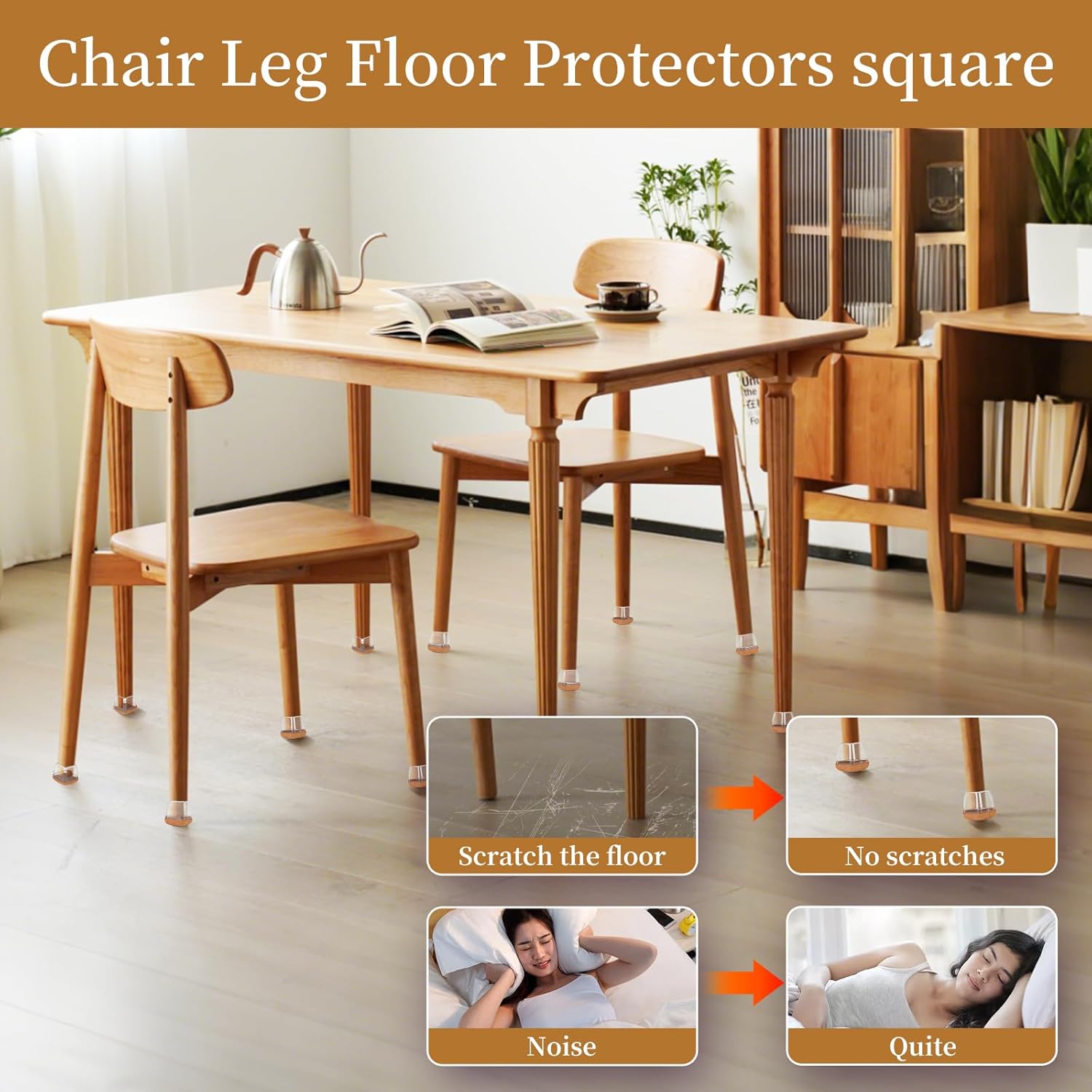 Square Chair Leg Floor Protectors Medium 24Pcs,Silicone Chair Leg Protectors for Hardwood Floors/Tiles,Clear 360°Wrapped Felt Bottom to Prevent Scratch and Reduce Noise