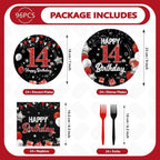 96Pcs Red and Black Party Decorations Happy 14th Birthday Plates and Napkins - Image 2