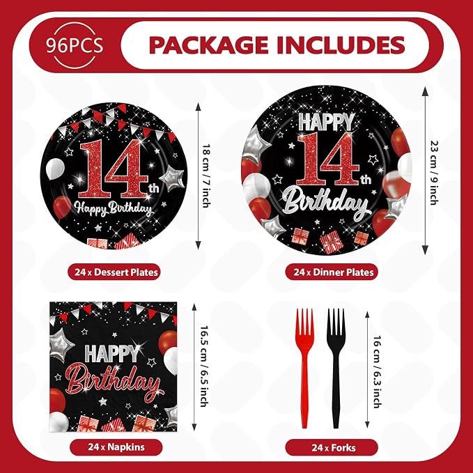 96Pcs Red and Black Party Decorations Happy 14th Birthday Plates and Napkins - Image 2