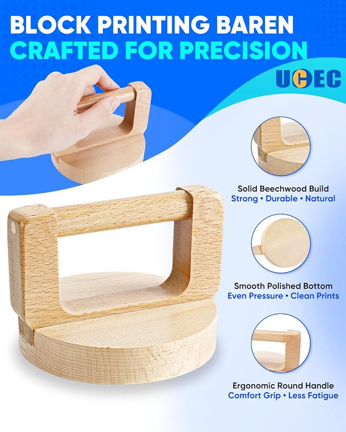 UCEC 1+1 Pack Handheld Round Wood Baren and Cleaning Cloth, Printmaking Tool Set - Image 3