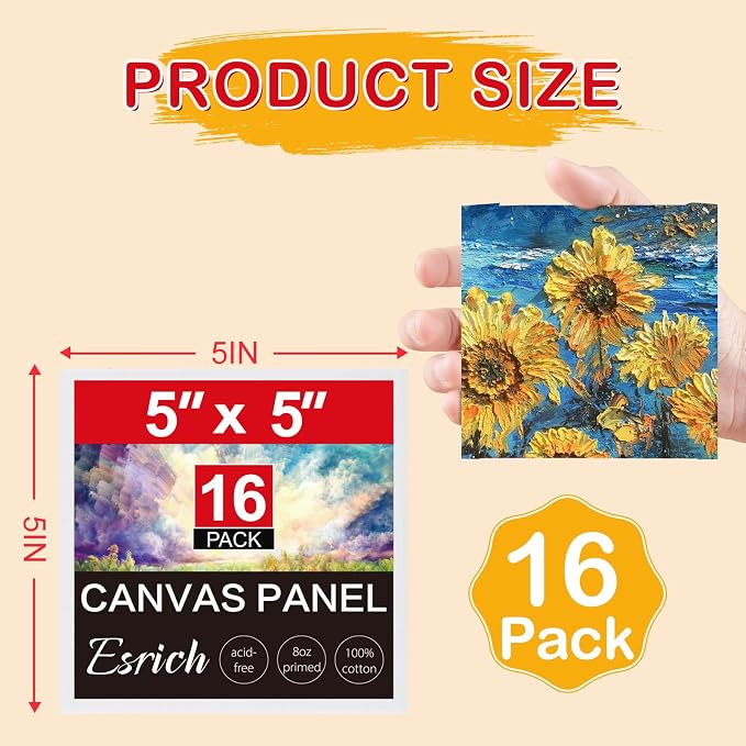 ESRICH Canvas Boards for Painting, 16 Pack Canvases 5x5 100% Cotton Small Paint - Image 2