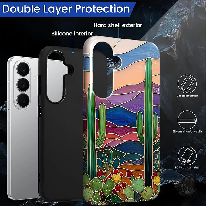 for Samsung Galaxy S26 Case, Stained Glass Cactus Pattern Glossy 2 in 1 - Image 3