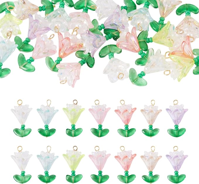 FASHEWELRY 60Pcs Mixed Color Transparent Acrylic Flower Charms 14-26mm Colorful by FASHEWELRY