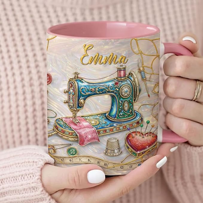 Personalized Sewing Mug with Name, Vintage Sewing Machine Coffee Cup, by Custom