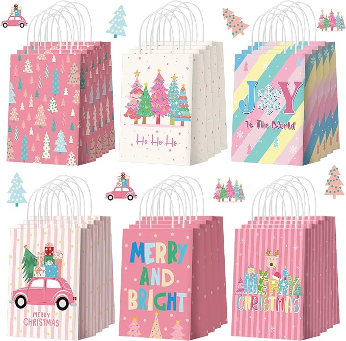 Kolldenn 24 Pcs Pastel Christmas Party Favors Bags Pink Christmas Goodie Gift - Image 8