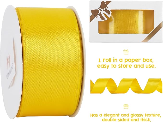 HUIHUANG Yellow Satin Wired Ribbon 1-1/2 inch Yellow Wire Edge Ribbon - Image 4
