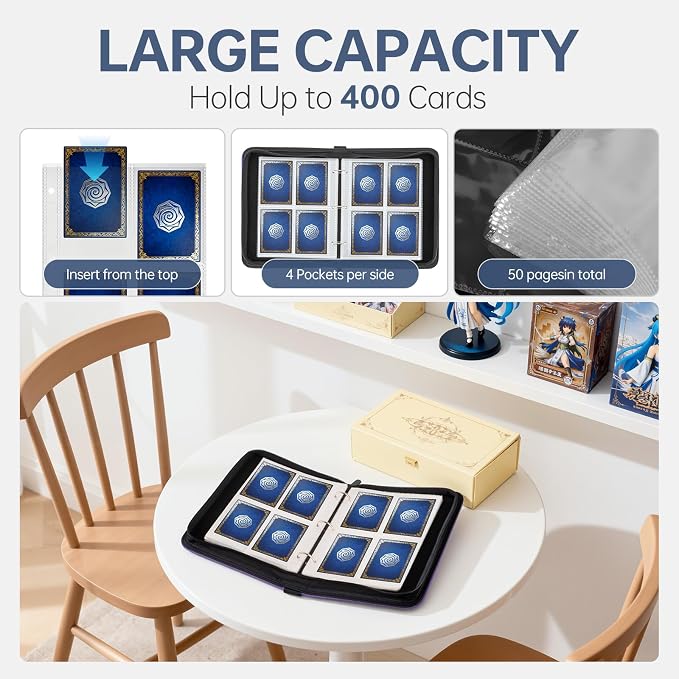 4 Pocket Card Binder for 400 Cards, Premium PU Zipper Card Collection Album - Image 5