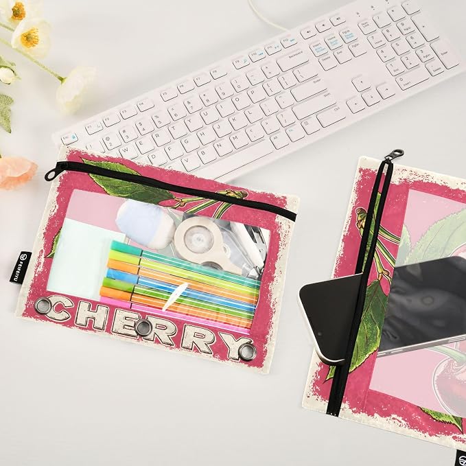 Red Cherry Print Pencil Pouch for 3 Ring Binder, 2 Pack Waterproof Pencil Bags - Image 5