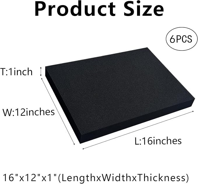 6 PCS 16" x 12" x 1" Polyurethane Foam Sheets Black Cushion Foam Panels | Foam - Image 2