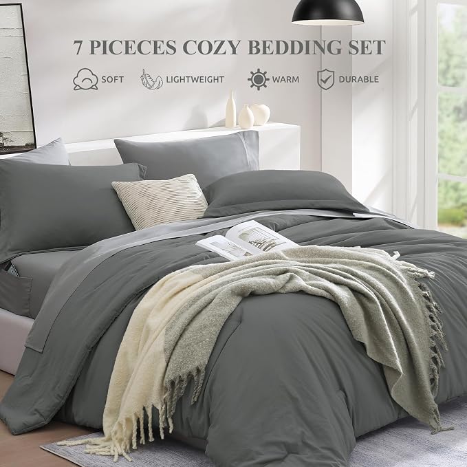 WRENSONGE Queen Comforter Set- 7 Pieces Soft Grey Bed in a Bag - Image 2