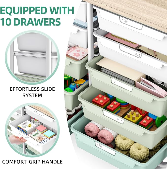 10 Drawers Rolling Cart with Wooden Tabletop, Utility Storage Cart with Wheels - Image 4