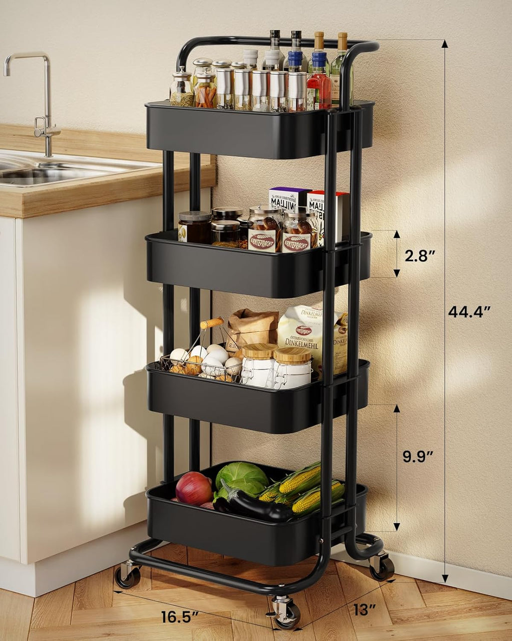 Pipishell 4 Tier Mesh Utility Cart, Rolling Metal Organization Cart with Handle and Lockable Wheels, Multifunctional Storage Shelves for Kitchen Living Room Office White, PIUC12W