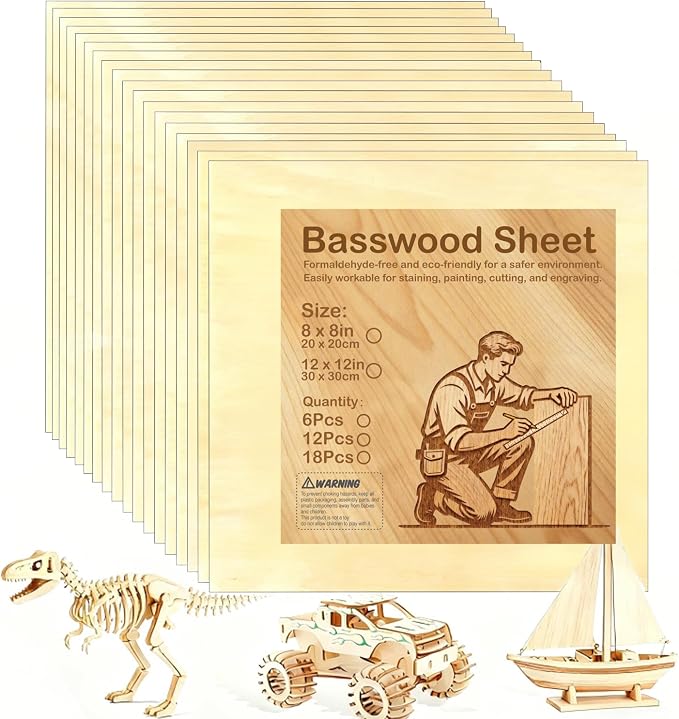 Basswood Plywood Sheets, 8 x 8 in, 1.5 mm, 18 Pack | Smooth unfinished wood by Unknown