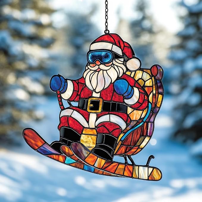 Funny Santa Claus Skiing Acrylic Suncatcher Stained Glass Effect Window Car by AVAGAN