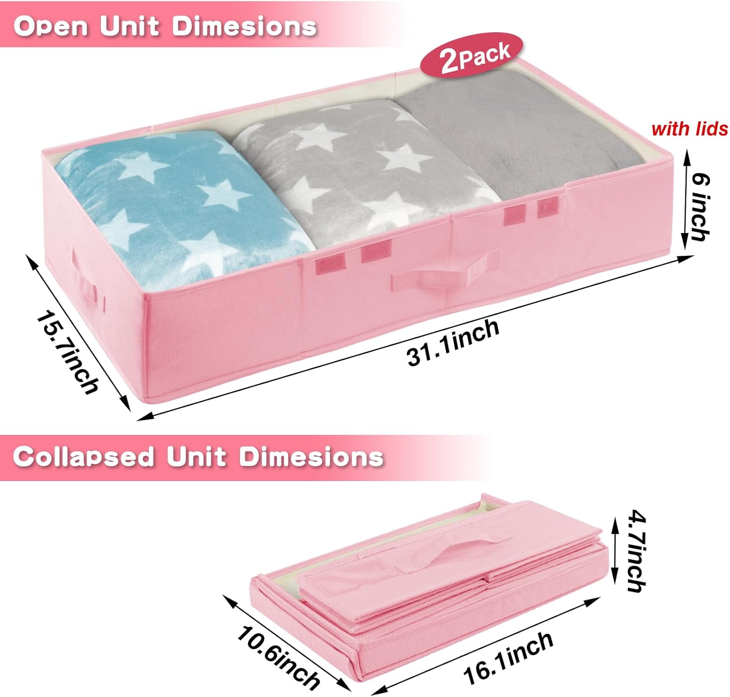 punemi Under Bed Storage With Lids, 2 Pack Pink Underbed Storage Bins Containers for Girls Daughter, Large Low Profile Stackable Drawer Organizer Box for Clothes Bedroom Couch Closet Basement