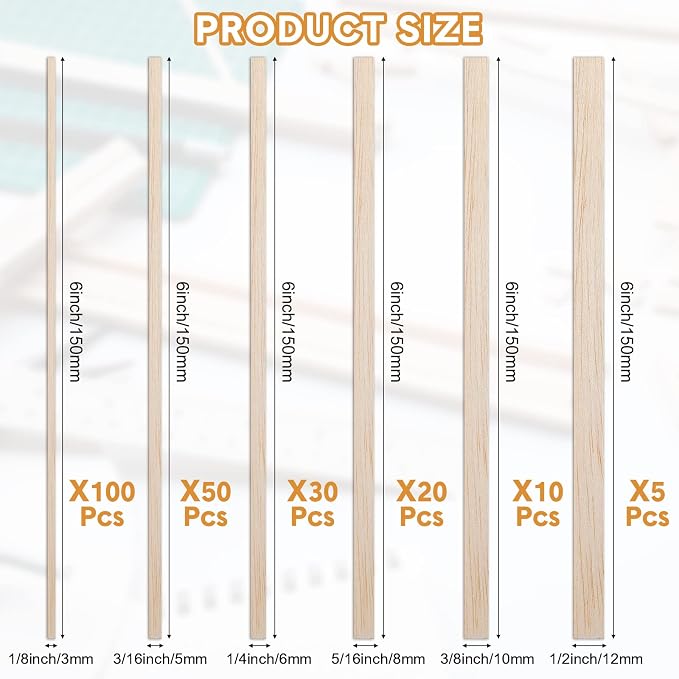 Yulejo 215 Pieces Balsa Wood Sticks Wooden Dowel Rods Square Hardwood - Image 3