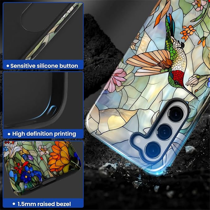 for Samsung Galaxy S23 Case, Hummingbird Wildflower Stained Glass Pattern - Image 4