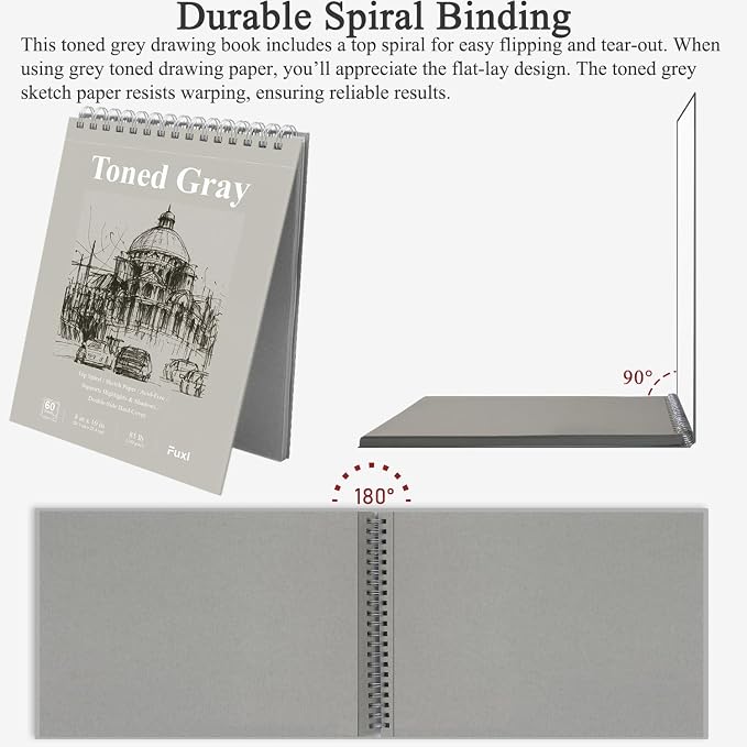 Fuxi Toned Gray Sketchbook 8x10, 60 Sheets Acid-Free Drawing Paper, Spiral - Image 4