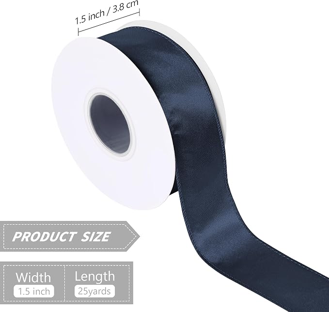 Navy Blue 1.5 Inch Continuous 25 Yards Satin Wired Ribbon - Image 2