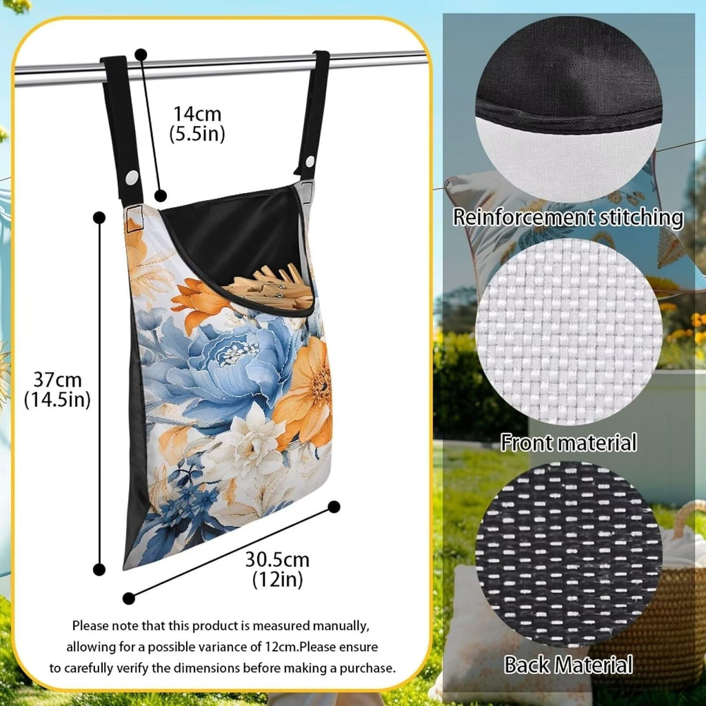 Art Flowers Clothespin Bag with Hanging Hook Summer Laundry Clothes Pin Holders Waterproof Clothes Pin Hanging Bag Clothespin Storage Organizer with Large Opening