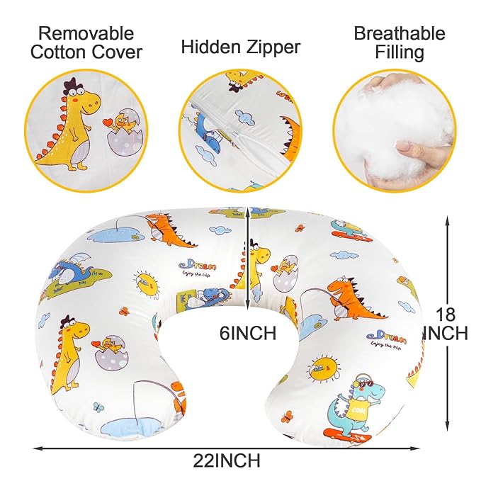 Nursing Pillow, Breastfeeding Pillows with Standard Size Removable Cover, Breast Feeding Pillow with Breathable Filling, Ergonomic Nursing Essentials for Bottle and Breastfeeding- Dinosaurs